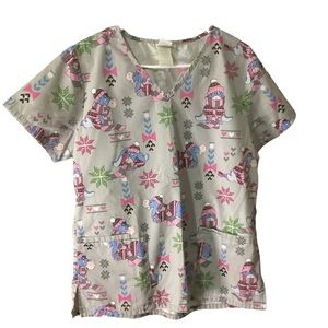 Disney Eeyore Christmas Winter 2 Pocket V-Neck Scrub Top Size Small